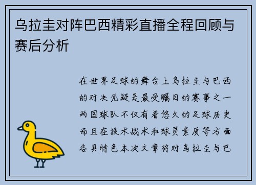 乌拉圭对阵巴西精彩直播全程回顾与赛后分析